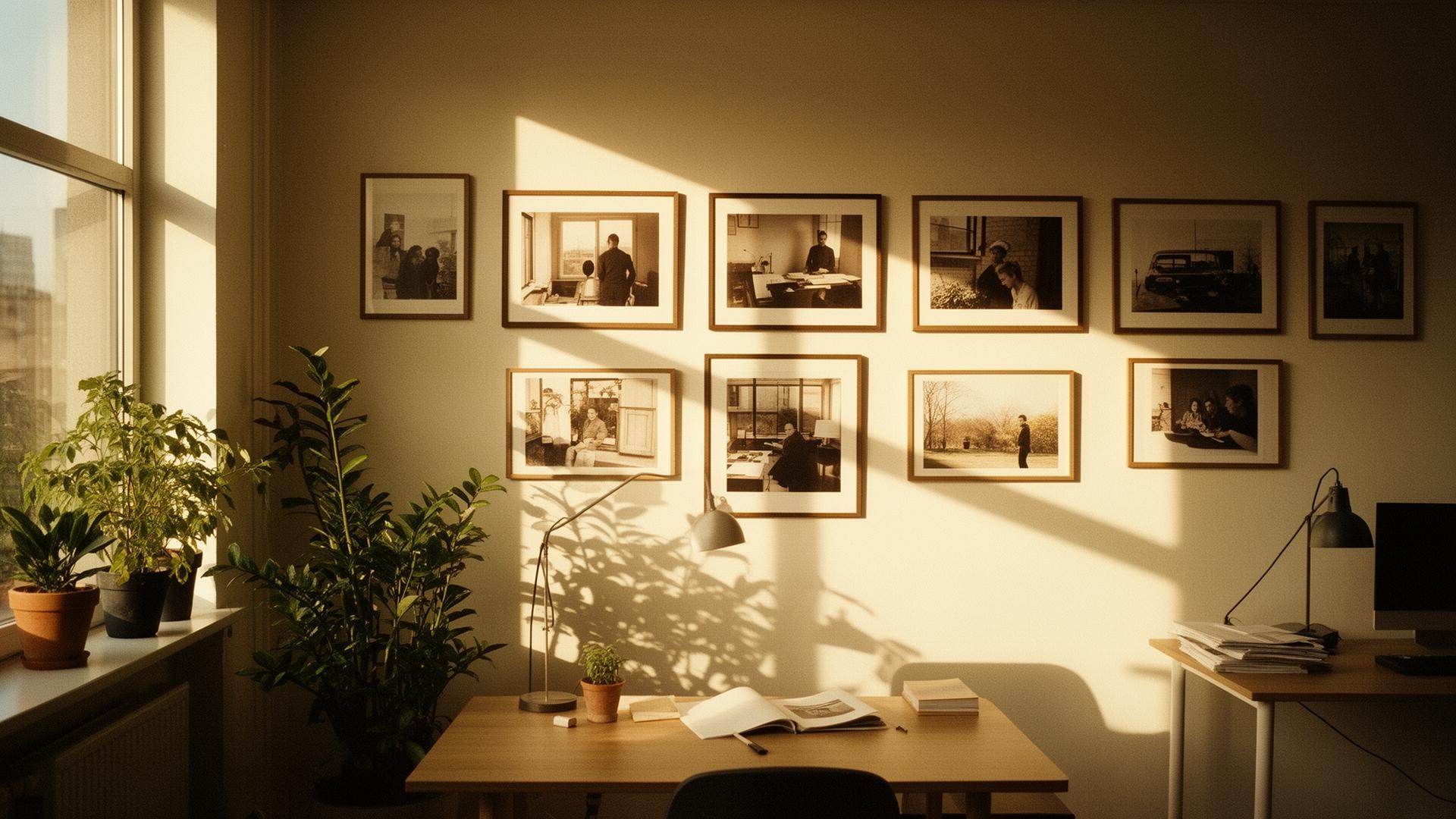 Framed printed photos on a sunlit office wall
