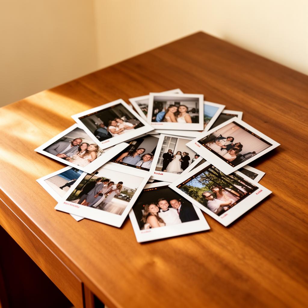Stack of developed photo prints on a wooden desk